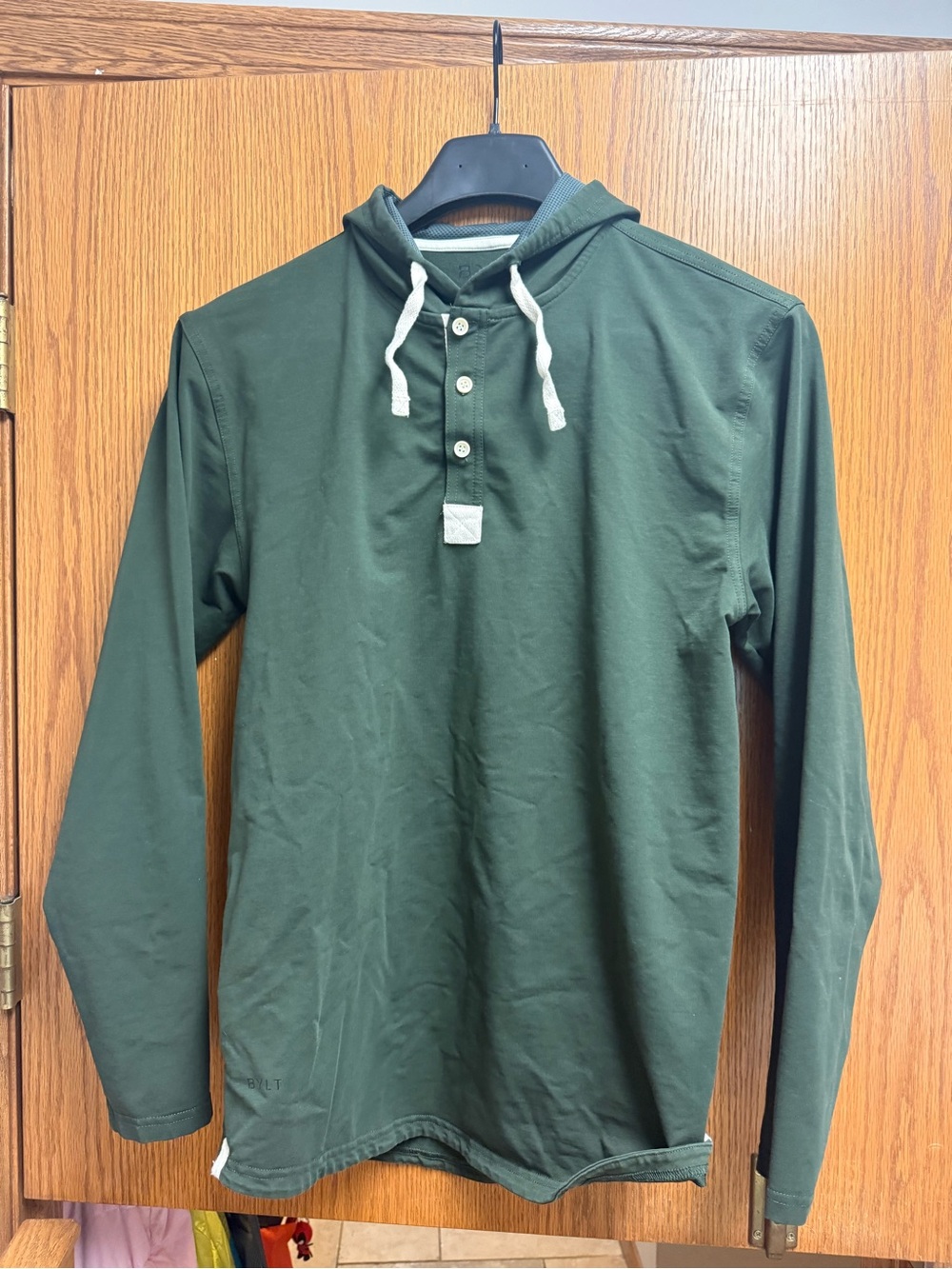 BYLT Basics Forest Green Hooded Henley with White Drawcords